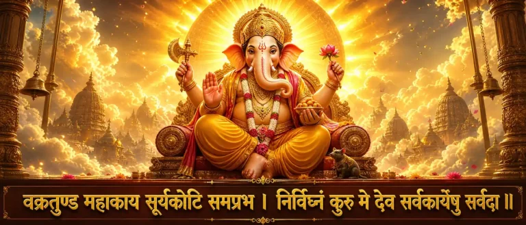 वक्रतुण्ड महाकाय सूर्यकोटि समप्रभ - Ganesha (also known as Ganapati and Vinayaka) remembered before beginnings, work, study, travel, and important family moments. contains exact Sanskrit text: वक्रतुण्ड महाकाय सूर्यकोटि समप्रभ । निर्विघ्नं कुरु मे देव सर्वकार्येषु सर्वदा ॥