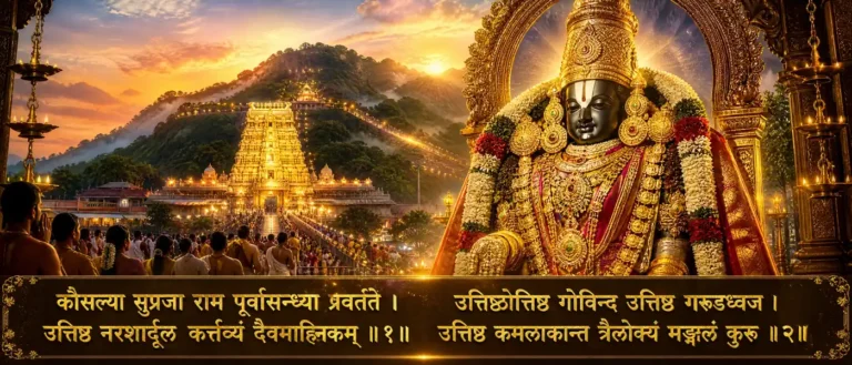 श्री वेङ्कटेश्वर सुप्रभातम् - Lord Venkateswara, temple awakening, and the devotional atmosphere of Tirumala. contains exact Sanskrit text: कौसल्या सुप्रजा राम पूर्वासन्ध्या प्रवर्तते ।उत्तिष्ठ नरशार्दूल कर्त्तव्यं दैवमाह्निकम् ॥१॥ उत्तिष्ठोत्तिष्ठ गोविन्द उत्तिष्ठ गरुडध्वज ।उत्तिष्ठ कमलाकान्त त्रैलोक्यं मङ्गलं कुरु ॥२॥