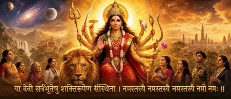 या देवी सर्व भूतेषु - bows to the Goddess who dwells in all beings as Shakti. contains exact Sanskrit text: या देवी सर्वभूतेषु शक्तिरूपेण संस्थिता । नमस्तस्यै नमस्तस्यै नमस्तस्यै नमो नमः ॥