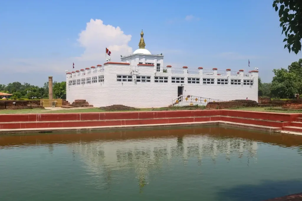 Reflections of the mayadevi temple at Lumbini, a sacred pilgrimage site in Nepal.