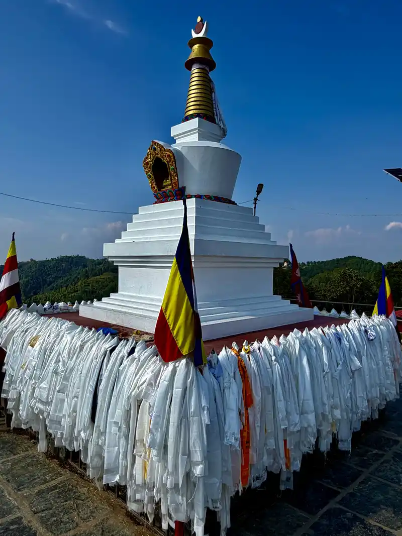 White robes and stupa at Namo Buddha Monastery Kavrepalanchok, Nepal.