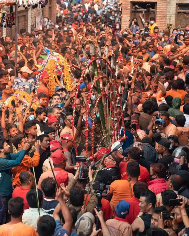 Crowd watches Biska Jatra festival procession in Bode, Nepal.
