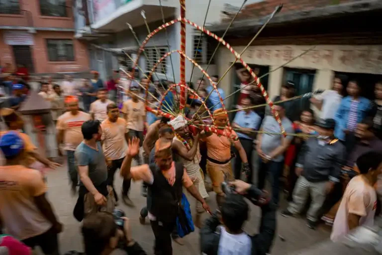Vibrant Biska Jatra festival procession in Bode, Nepal, capturing the energy of the cultural celebration.