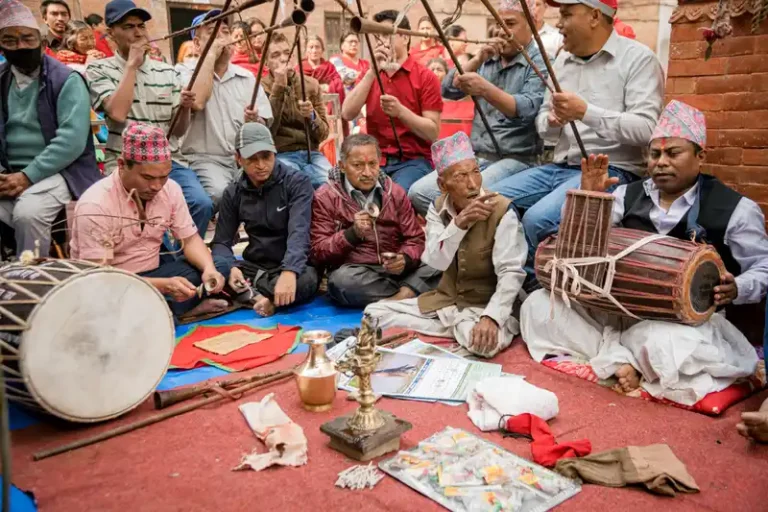 Biska Jatra festival celebration in Bode, Nepal, with traditional drummers.