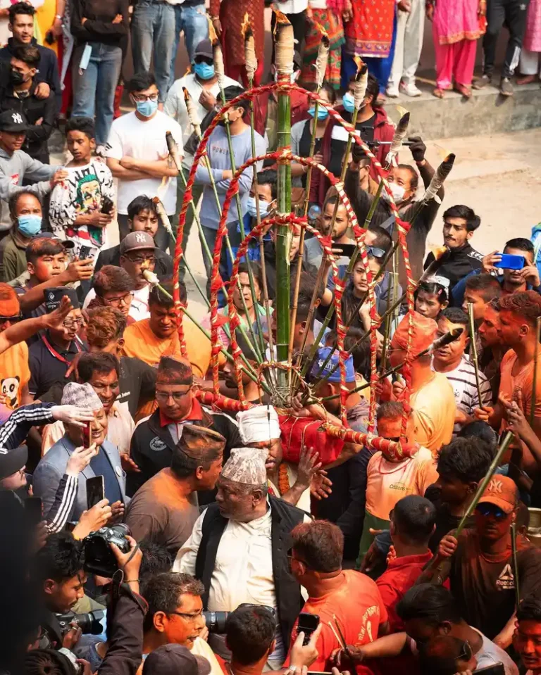 Crowd watches a ritual procession during the Biska Jatra in Bode, Nepal.