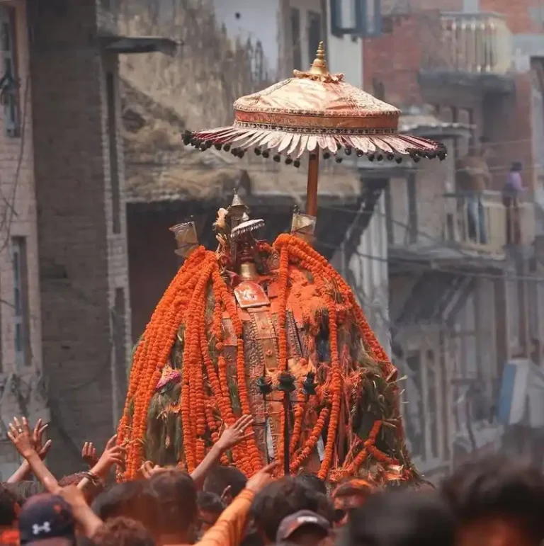 Ganesh idol carried during the Biska Jatra festival in Nepal, celebrating culture and faith.