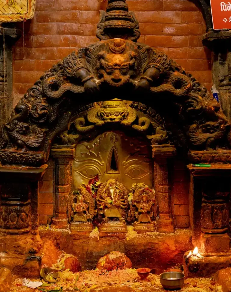 Ganesh shrine during Biska Jatra festival in Nepal, showcasing traditional religious art.