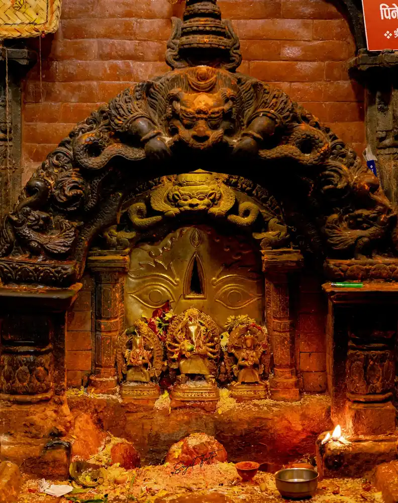 Ganesh shrine during Biska Jatra festival in Nepal, showcasing traditional religious art.