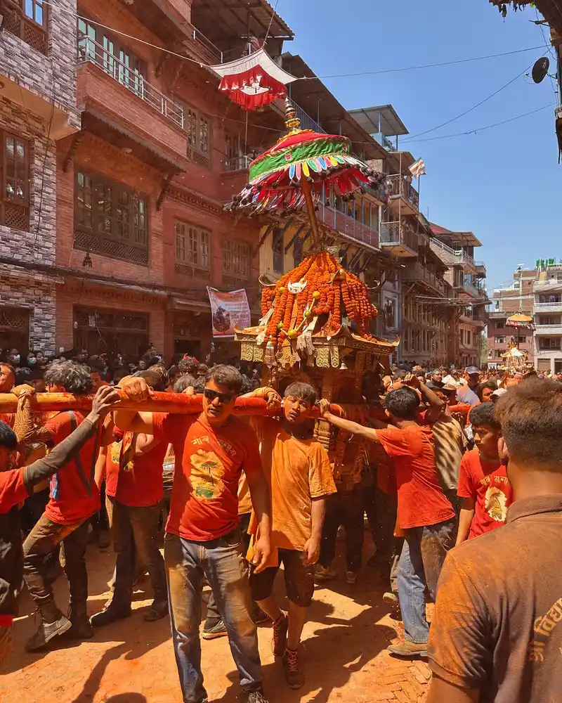 Biska Jatra festival procession in Thimi, Nepal, showing community participation and tradition.