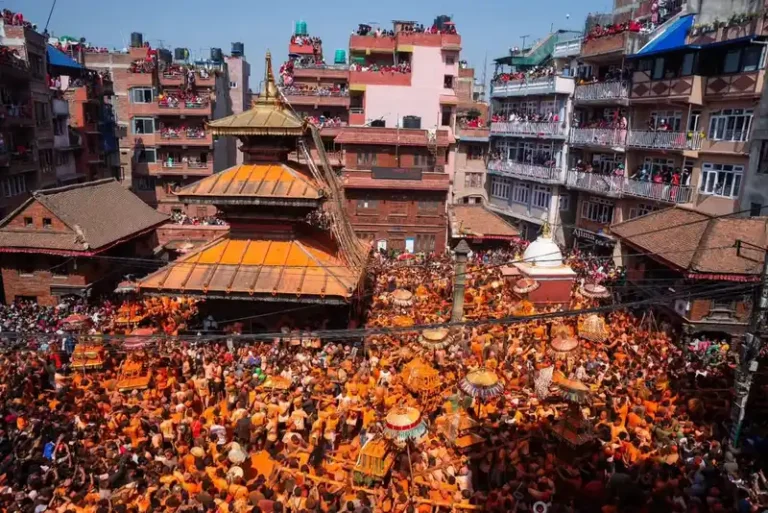 Crowds participate in the Biska Jatra festival in Thimi, Nepal.