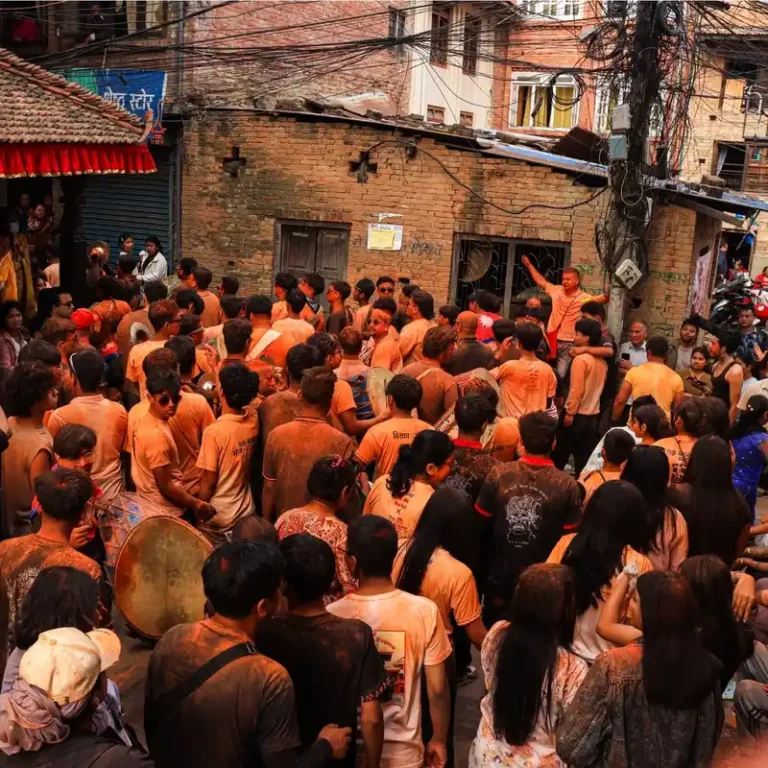 Crowd gathered for a cultural event in Thimi, Nepal, during Biska Jatra.