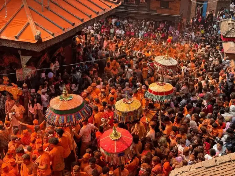 Biska Jatra festival crowds in Thimi, Nepal, celebrating vibrant Hindu culture and tradition.