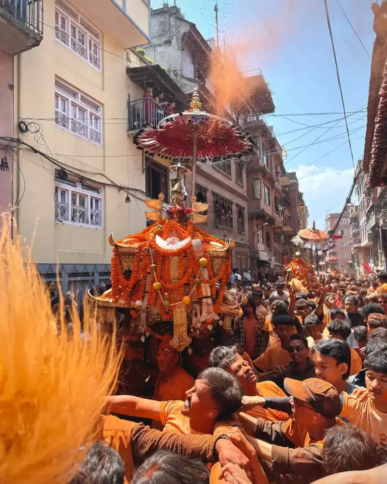 Vibrant Biska Jatra festival procession in Thimi, Nepal, celebrating culture and faith.