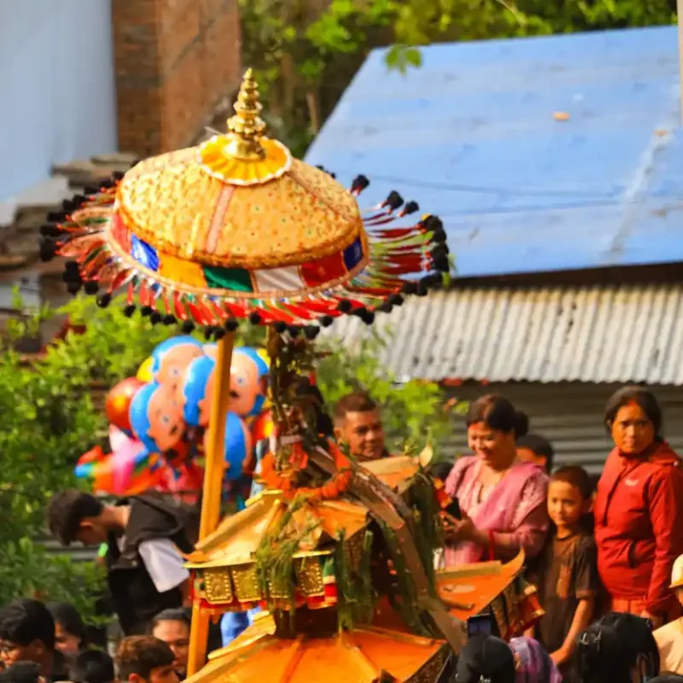 Decorated float during the Biska Jatra festival in Thimi, Nepal, celebrating culture and faith.