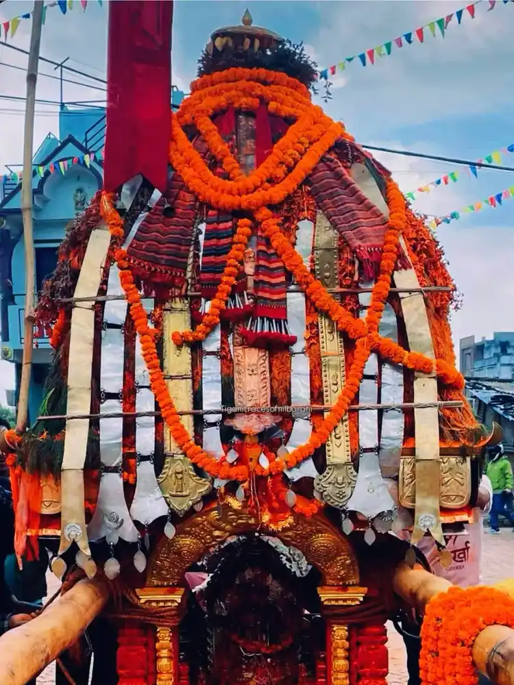 Vibrant festival display of a decorated chariot during Biska Jatra in Tigani, Nepal.