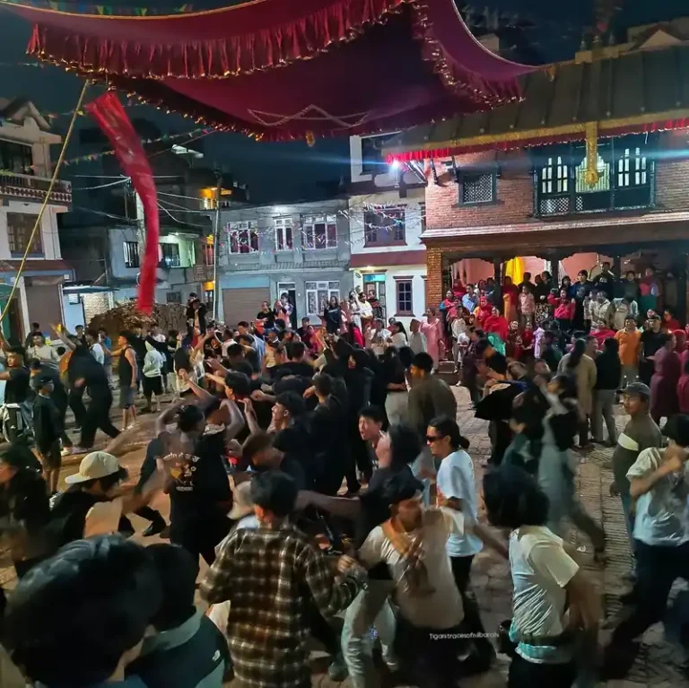 Crowd at Biska Jatra festival in Nepal, celebrating a vibrant cultural and religious event.