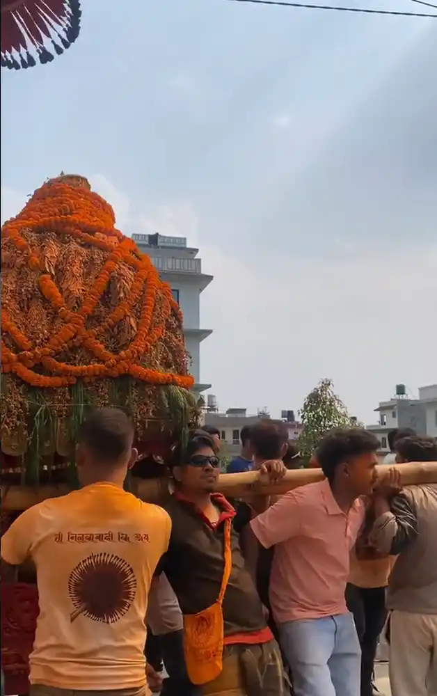 Devotees participate in the Biska Jatra festival procession in Tigani, Nepal.