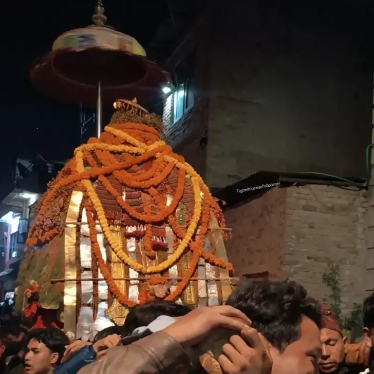 Devotees gather at the decorated shrine during the Biska Jatra festival in Tigani, Nepal.