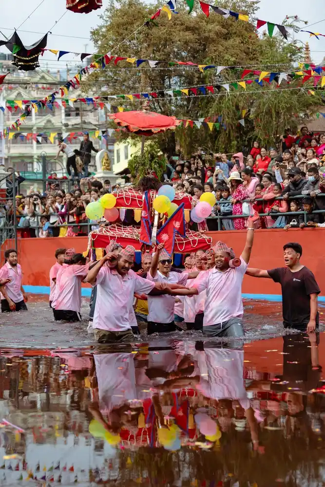 Participants in the Biska Jatra festival in Nepal celebrating culture and tradition.