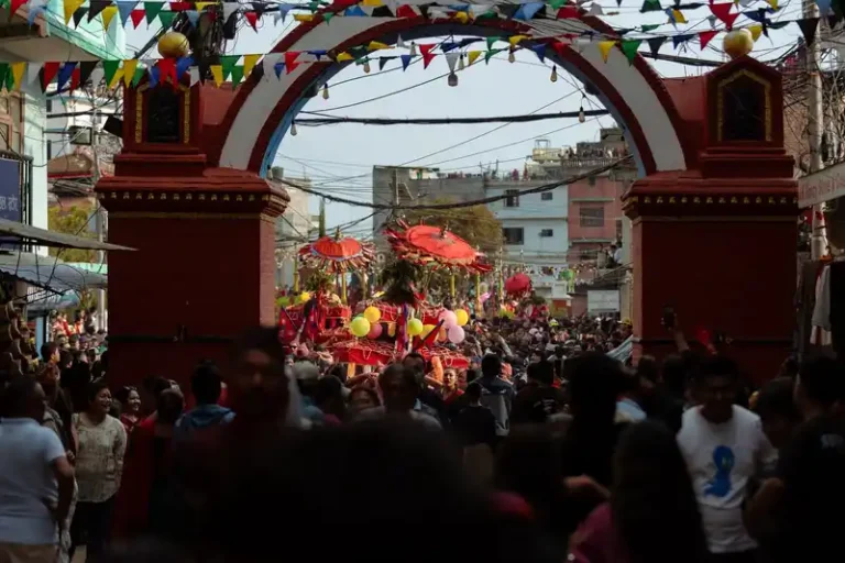 Vibrant crowd celebrating the Biska Jatra festival in Nepal.