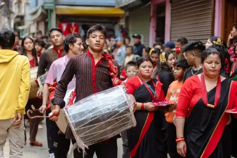 Devotees participate in the Biska Jatra festival procession in Nepal.