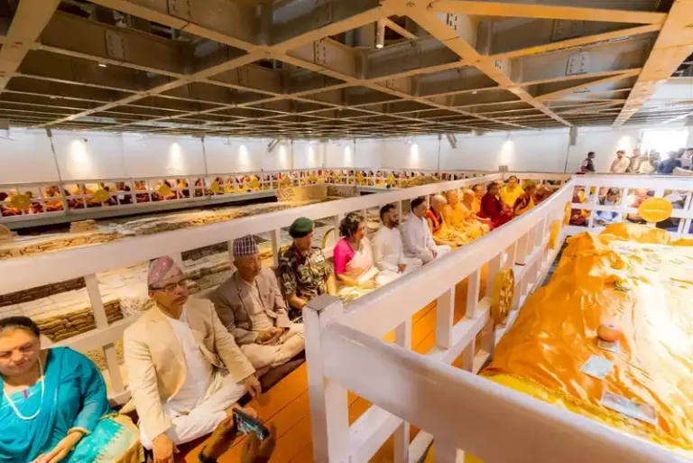 Buddha Jayanti celebration in Nepal, showing devotees gathered at the sacred shrine.