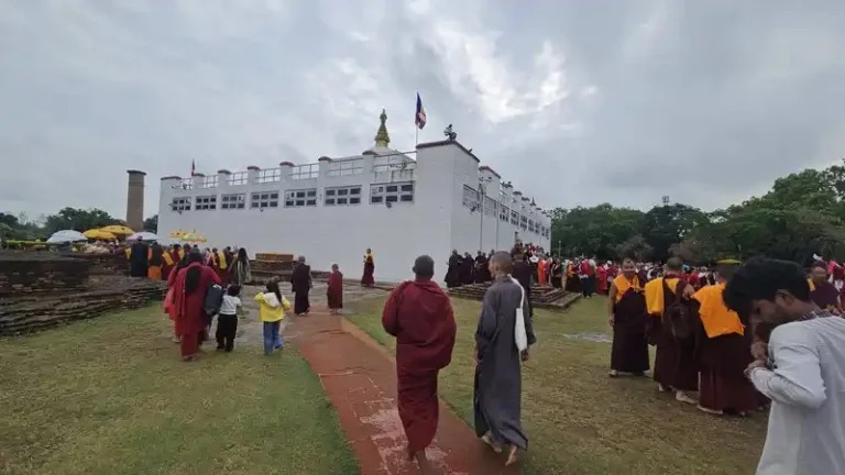 Devotees gather at a Nepali monastery during Buddha Jayanti celebrations.