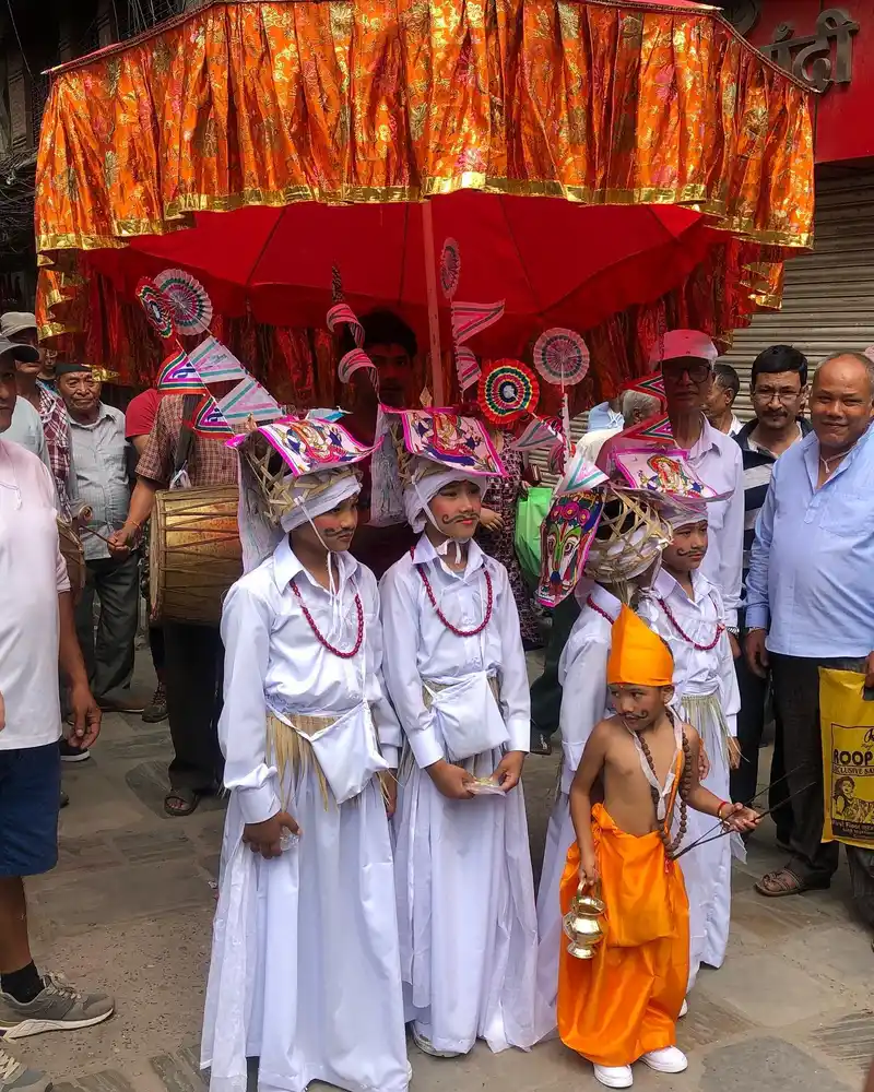 Gai Jatra festival celebration in Nepal, featuring traditional costumes and vibrant cultural festivities.