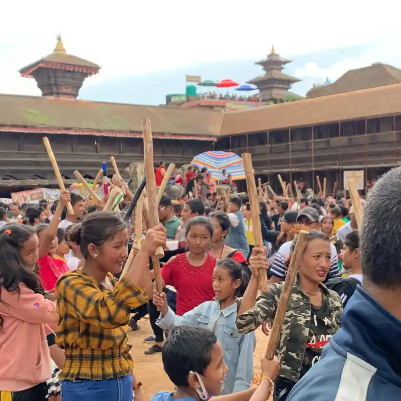 Cultural procession during Gai Jatra festival in Bhaktapur, Nepal.