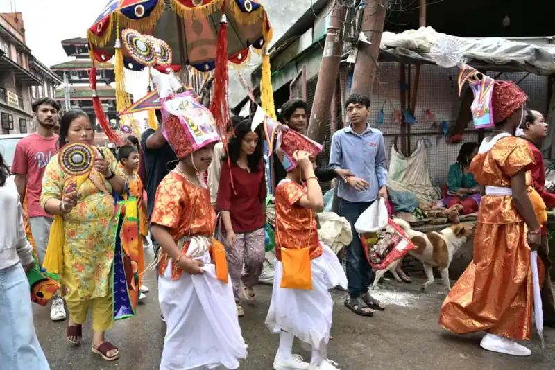Kathmandu's Gai Jatra festival celebration, showing vibrant Nepali culture and tradition.