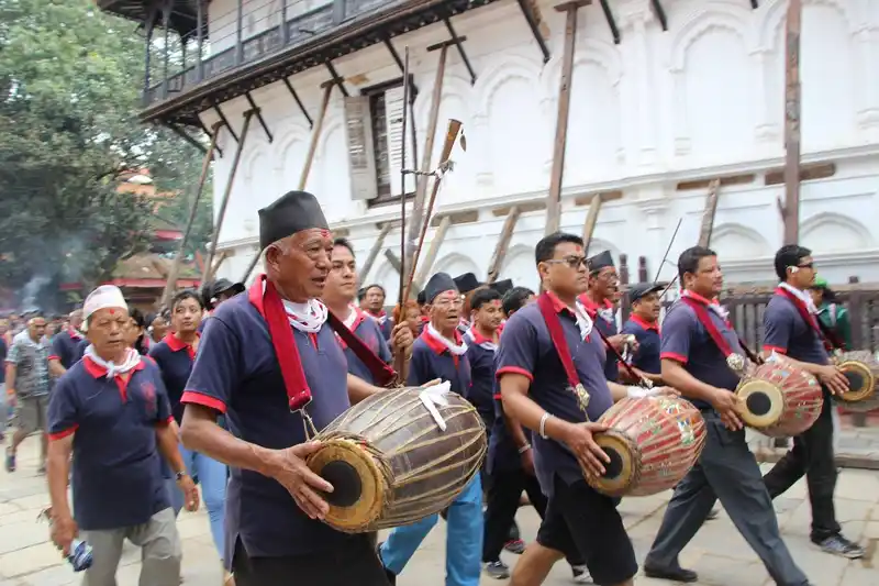Cultural procession during Gai Jatra festival in Kathmandu, Nepal.