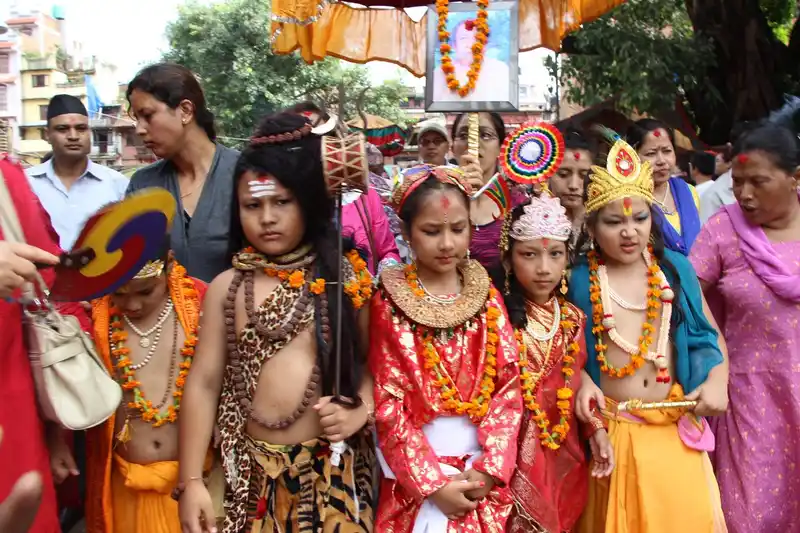 Traditional Nepali attire during the colorful Gai Jatra festival in Kathmandu, Nepal.