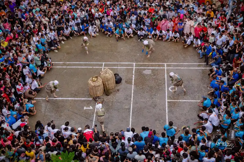 Crowd gathers for a Gai Jatra festival in Kathmandu, Nepal.
