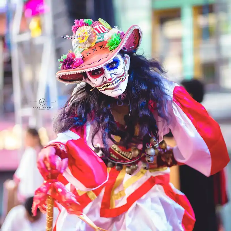 Gai Jatra festival celebration in Pokhara, Nepal, featuring traditional costumes and masks.