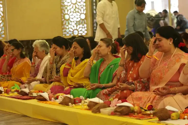 Nepali women celebrating Guru Purnima festival in Nepal with traditional attire.