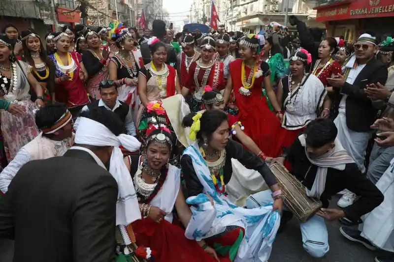 Vibrant community celebrating Maghe Sankranti and Maghi Tharu traditions in Nepal.