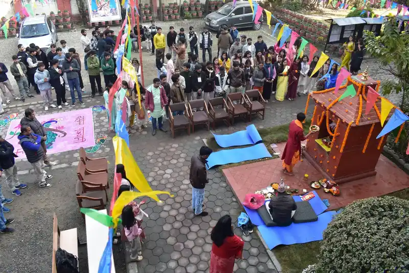 Saraswati Puja celebration in Nepal during Basanta Panchami festival.