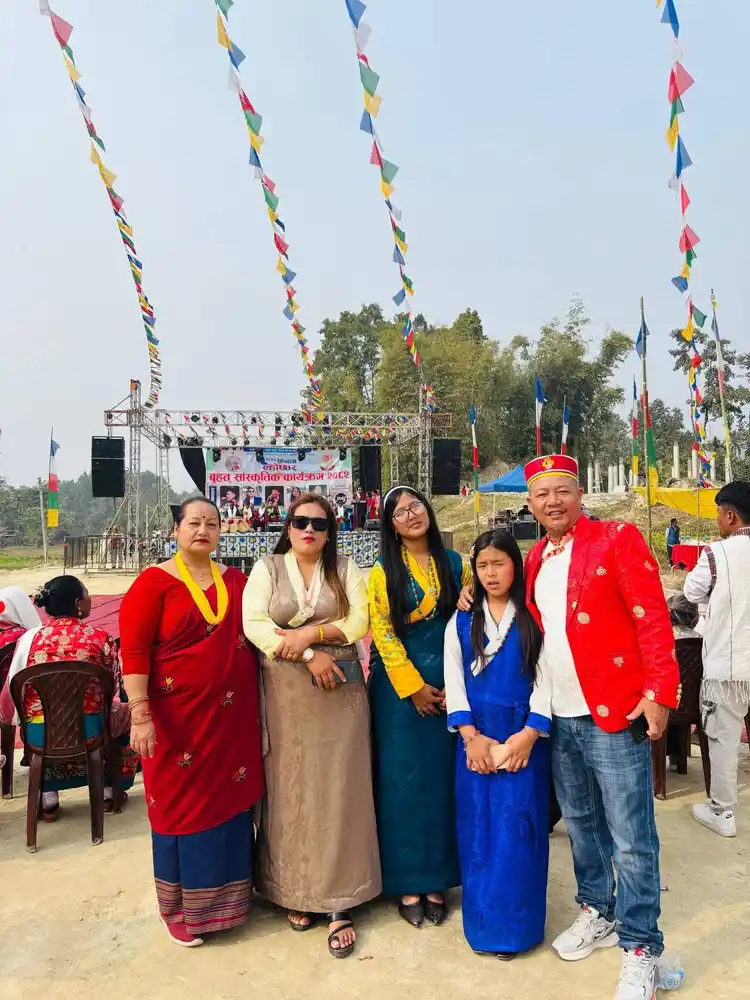 Group of people at a Sonam Loshar festival in Nepal, celebrating a cultural event.