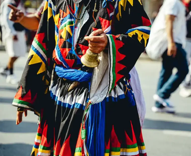 Colorful traditional attire during a Nepali festival, celebrating culture in Nepal.