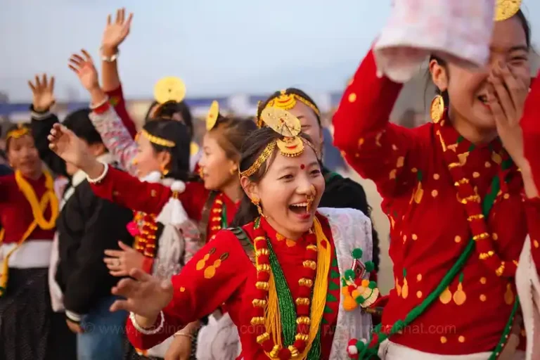 Vibrant Kirat women celebrating Udhauli Parva festival in Nepal.